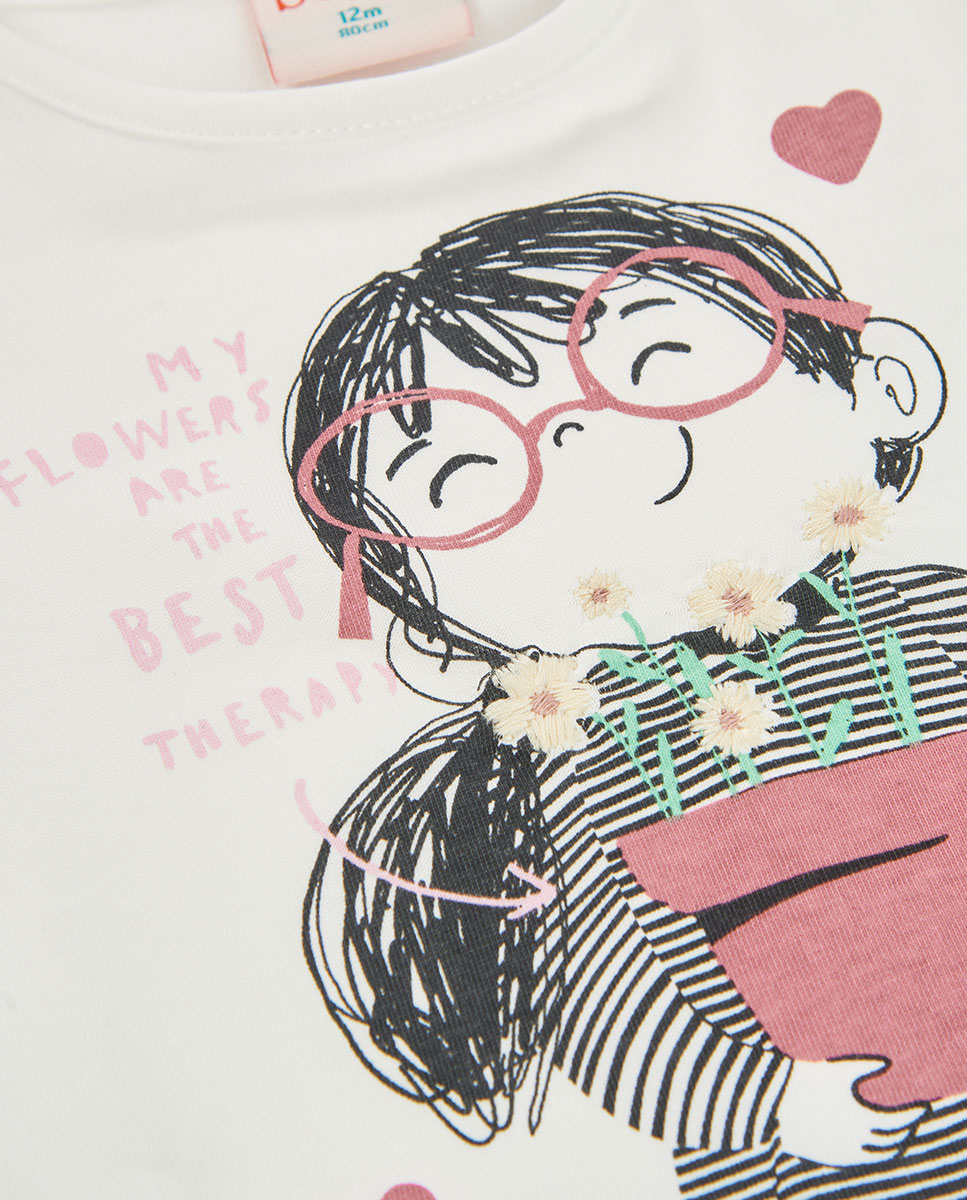 T-shirt Infantil de Algodão de Manga Comprida com Gola Redonda Branco / Rosa-4