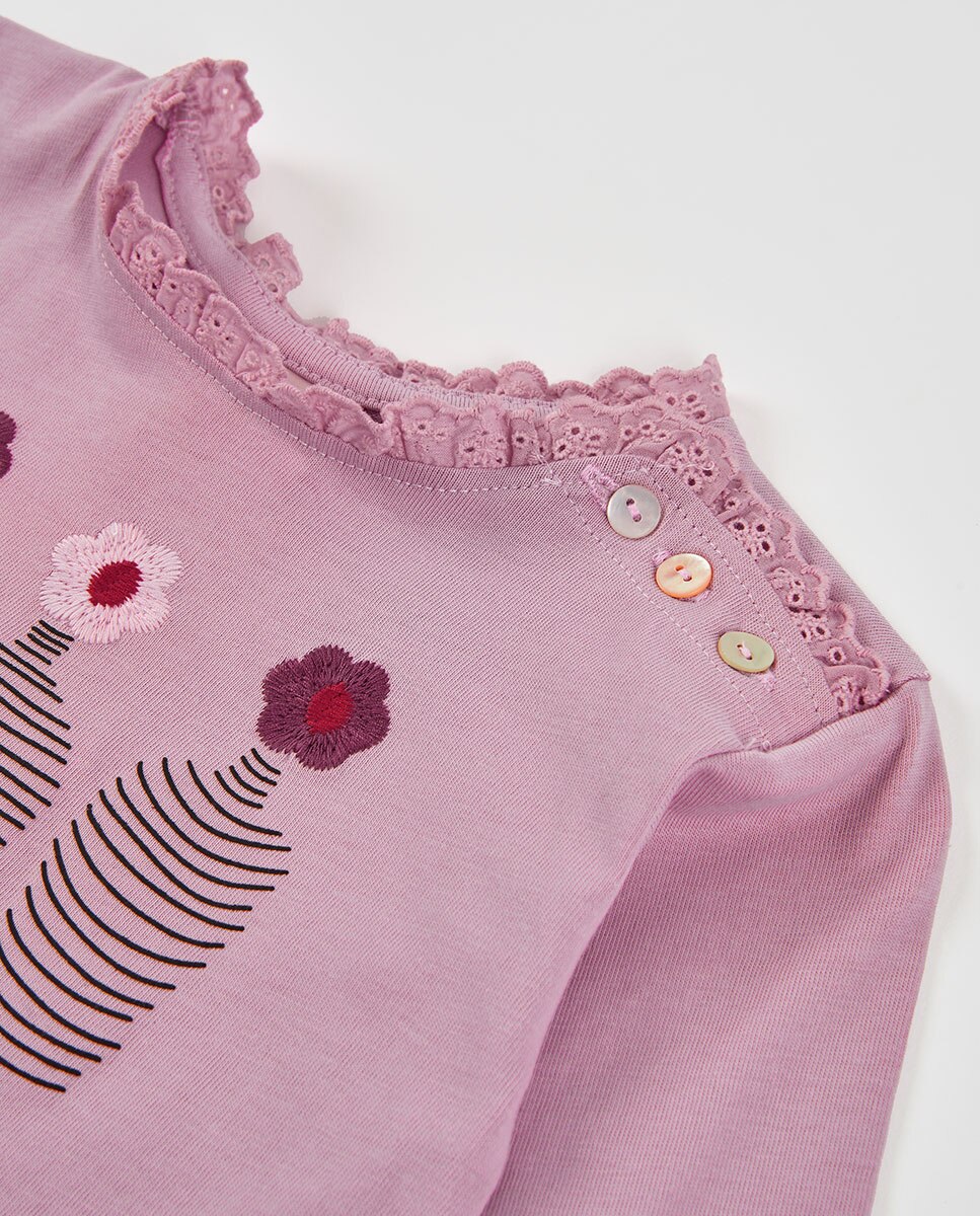 T-shirt Infantil de Algodão de Manga Comprida com Gola Redonda Rosa / Branco-3