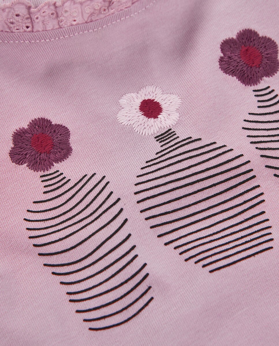 T-shirt Infantil de Algodão de Manga Comprida com Gola Redonda Rosa / Branco-4