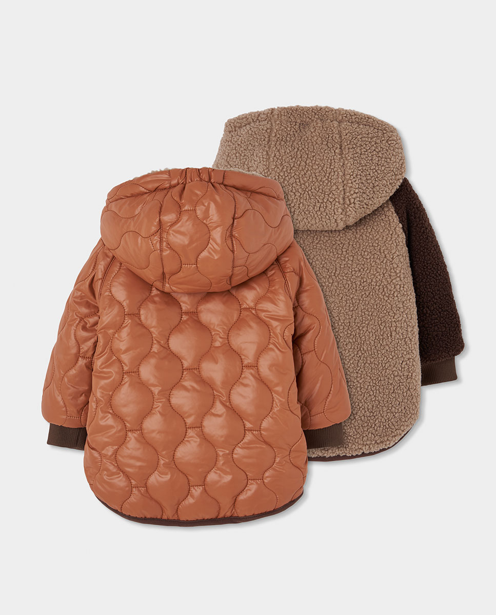 Parka Reversível Infantil com Capuz e Fecho Zip Boboli Castanho / Branco gasto-2
