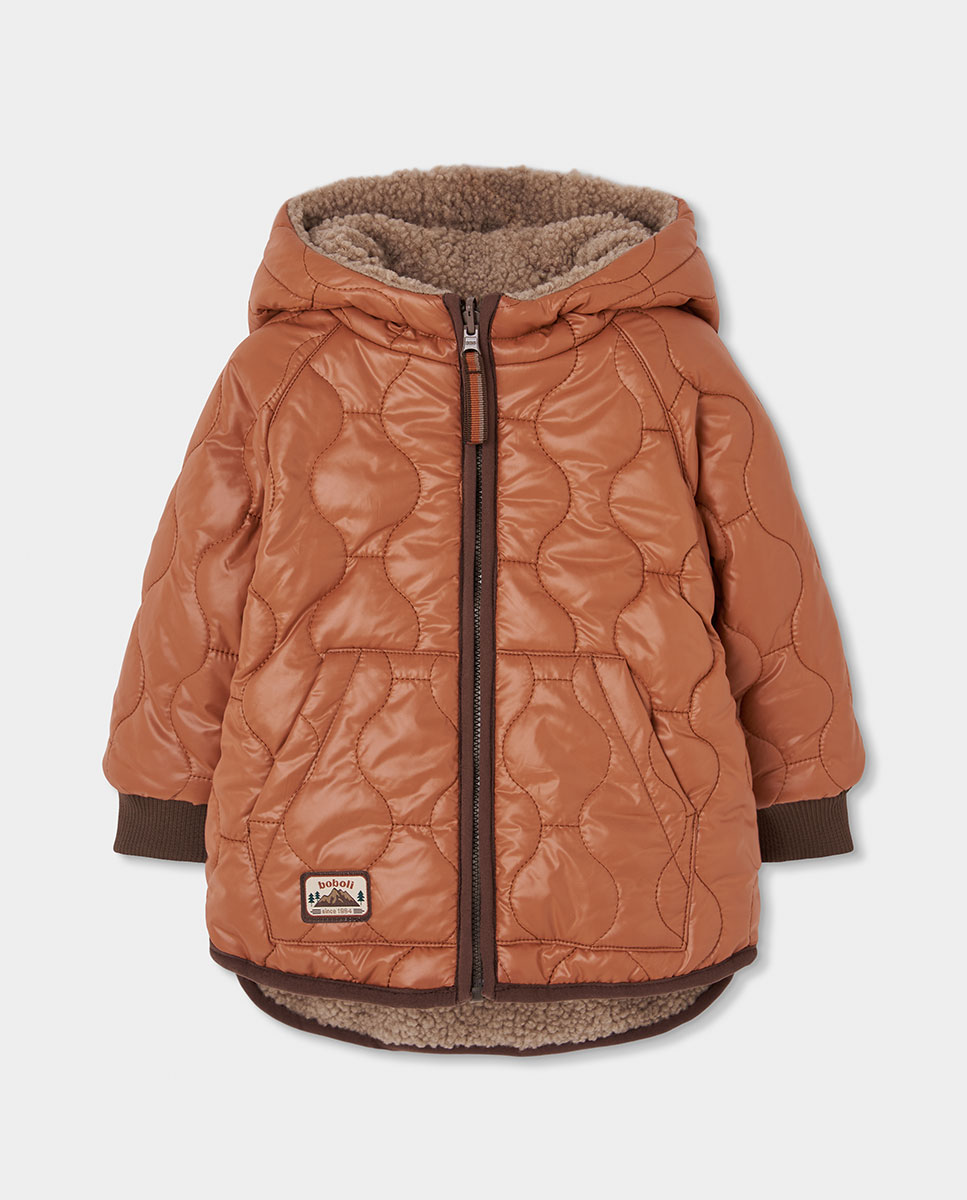 Parka Reversível Infantil com Capuz e Fecho Zip Boboli Castanho / Branco gasto-3