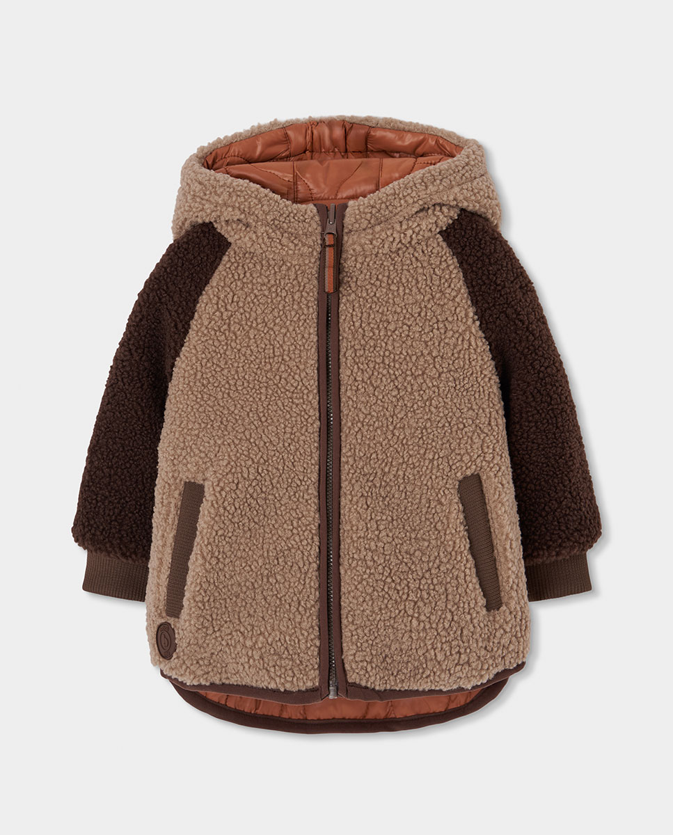 Parka Reversível Infantil com Capuz e Fecho Zip Boboli Castanho / Branco gasto-4