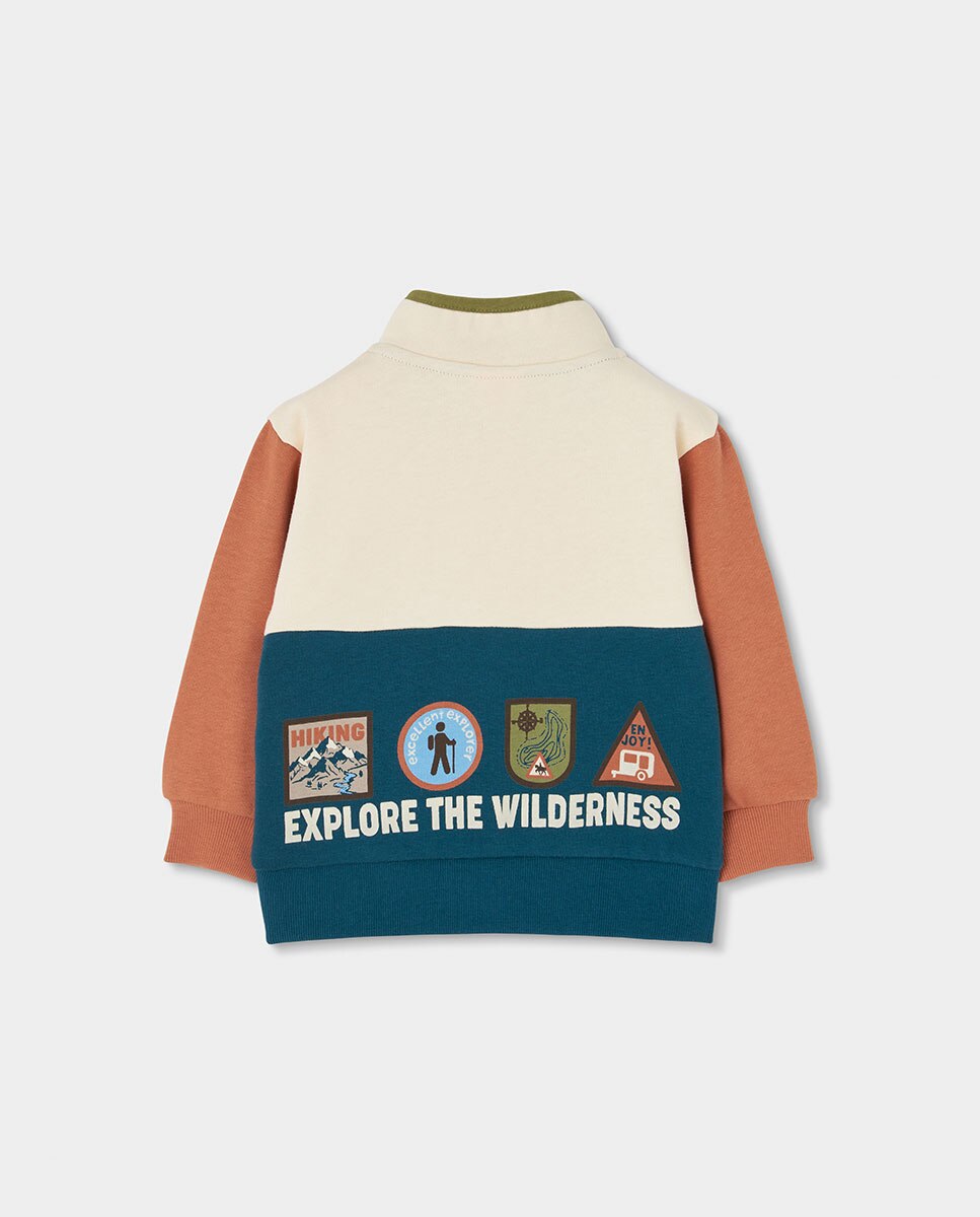 Sweatshirt de Felpa de Algodão Infantil de Manga Comprida com Gola Semicisne Azul-marinho / Laranja-2