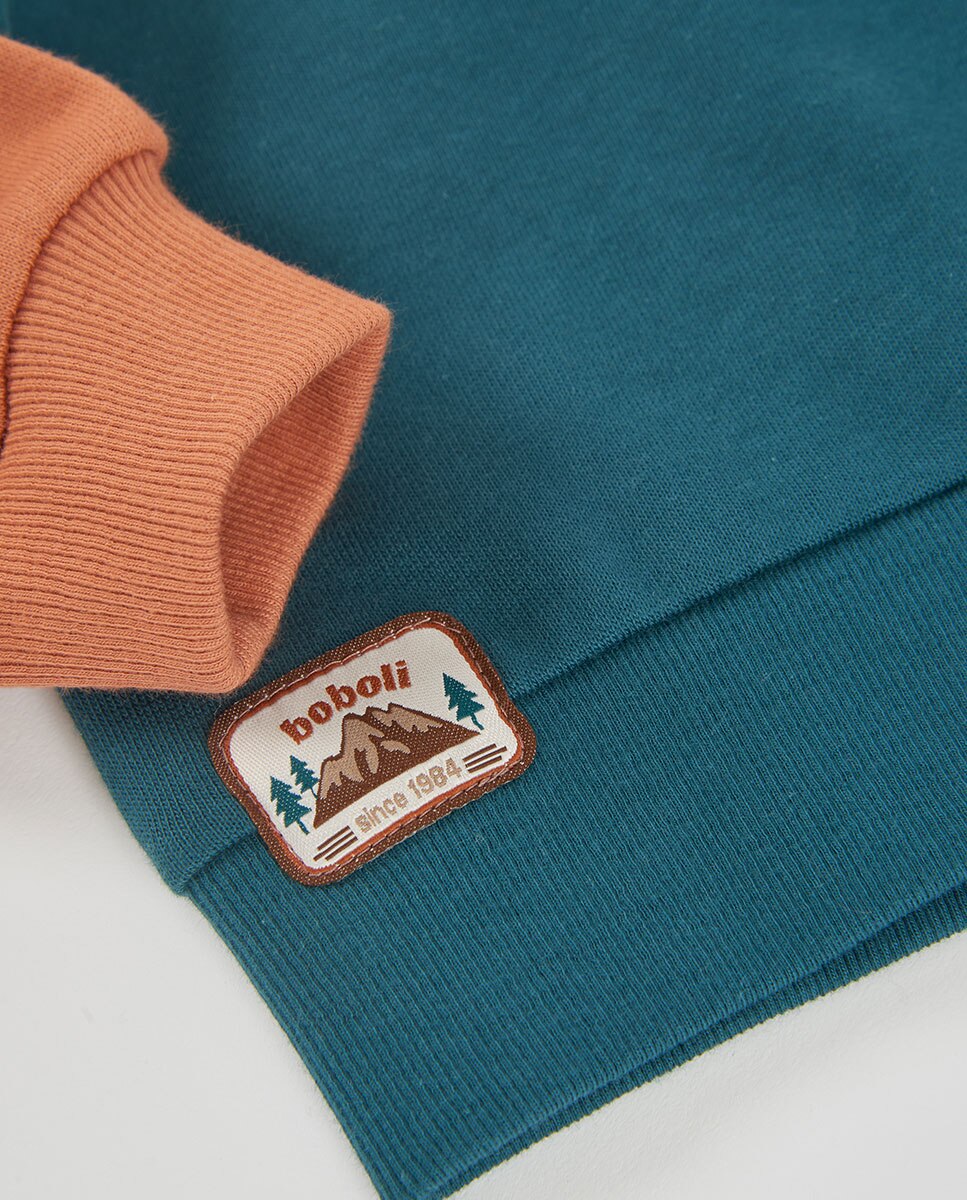 Sweatshirt de Felpa de Algodão Infantil de Manga Comprida com Gola Semicisne Azul-marinho / Laranja-4