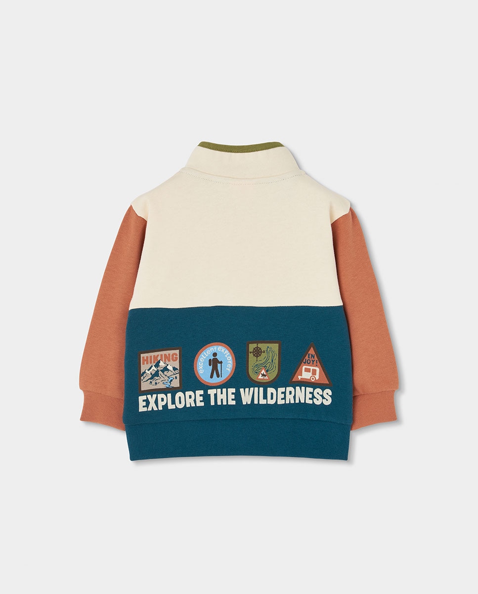 Sweatshirt de Felpa de Algodão Infantil de Manga Comprida com Gola Semicisne Azul-marinho / Laranja-2