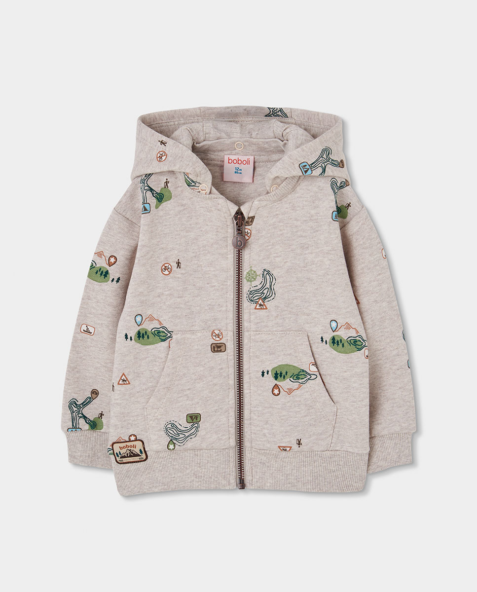 Casaco de Felpa de Algodão Infantil com Fecho Zip e Capuz Bege / Branco-1