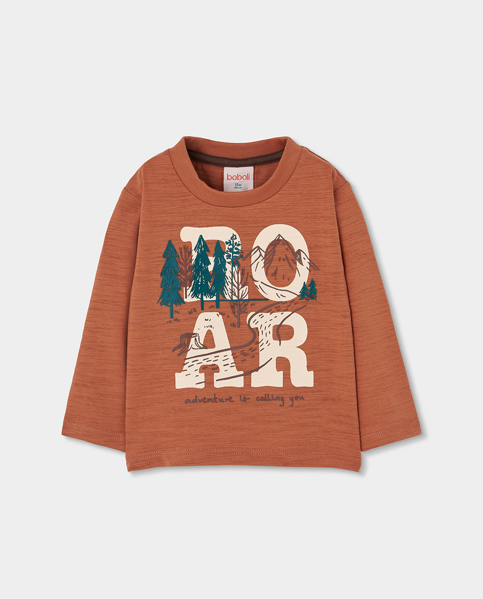 T-shirt de Algodão Infantil de Manga Comprida com Gola Redonda Azul-1
