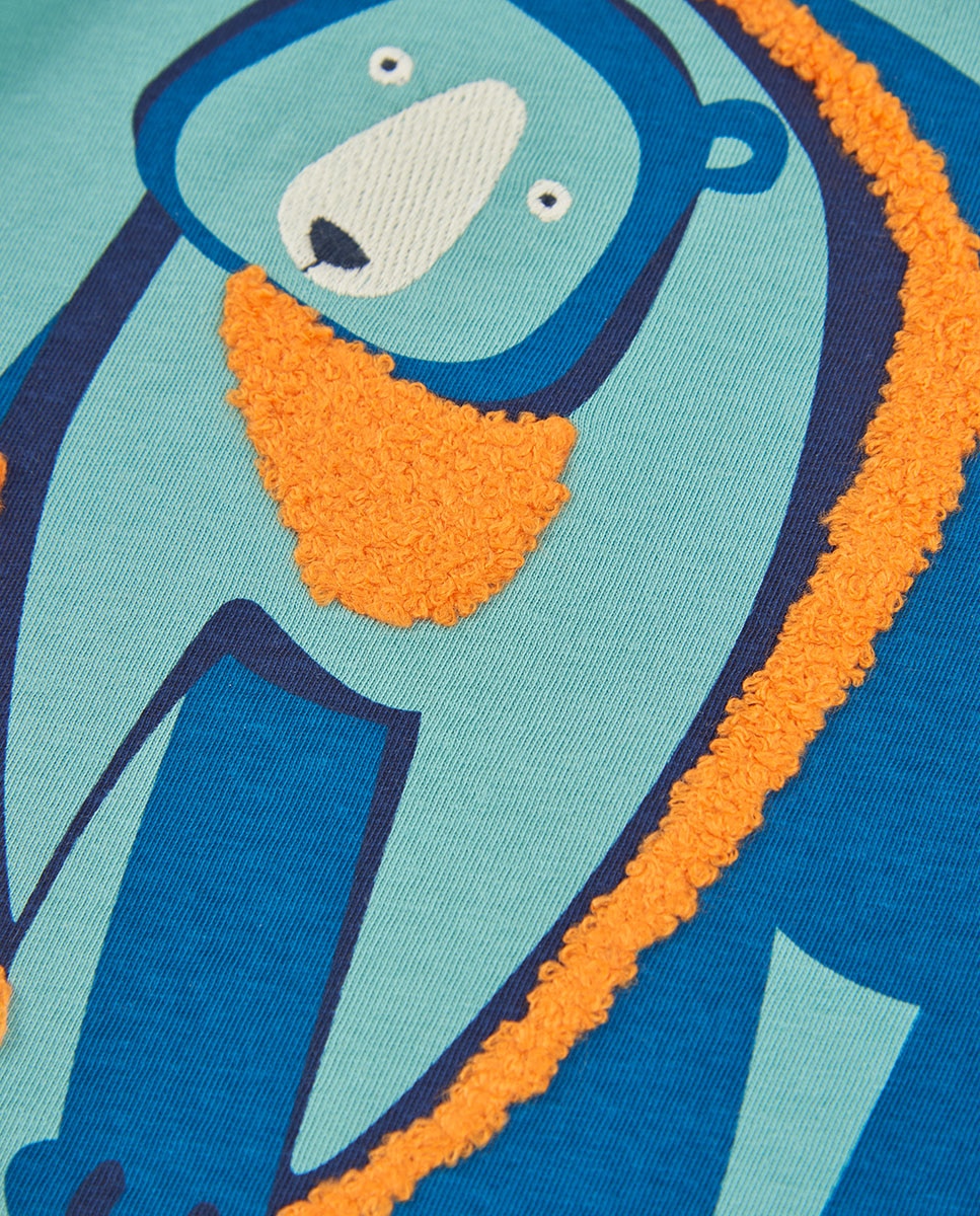 T-shirt de Algodão Infantil de Manga Comprida com Gola Redonda Azul-marinho / Laranja-3