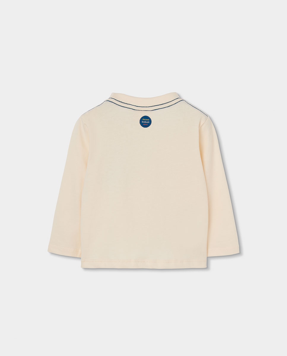 T-shirt de Algodão Infantil de Manga Comprida com Gola Redonda Azul-marinho / Laranja-2