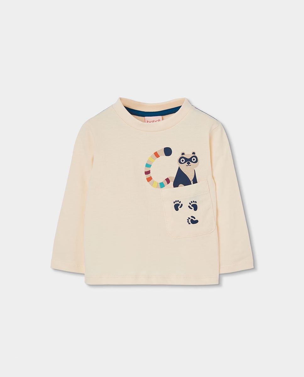 T-shirt de Algodão Infantil de Manga Comprida com Gola Redonda Azul-marinho / Laranja-1
