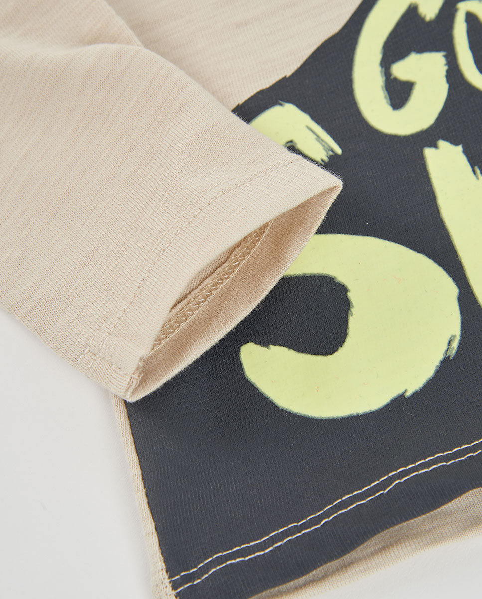 T-shirt de Algodão Infantil de Manga Comprida com Gola Redonda Branco/Amarelo-4