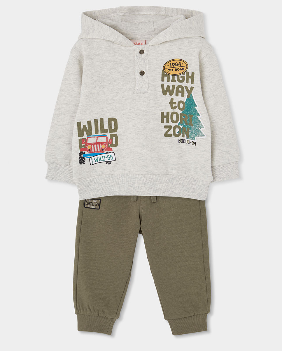 Conjunto de Felpa Infantil de Algodão com Capuz e Manga Comprida Caqui-1