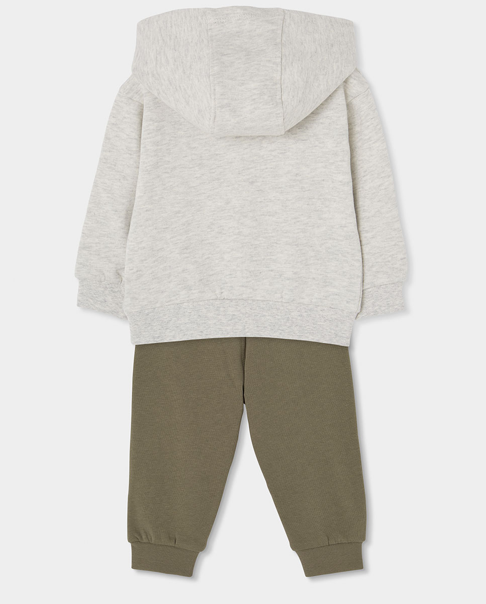 Conjunto de Felpa Infantil de Algodão com Capuz e Manga Comprida Caqui-2