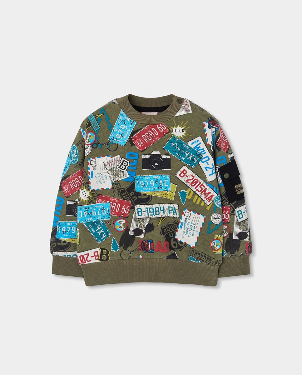 Sweatshirt de Felpa Infantil de Algodão de Manga Comprida Verde Azeitona-2