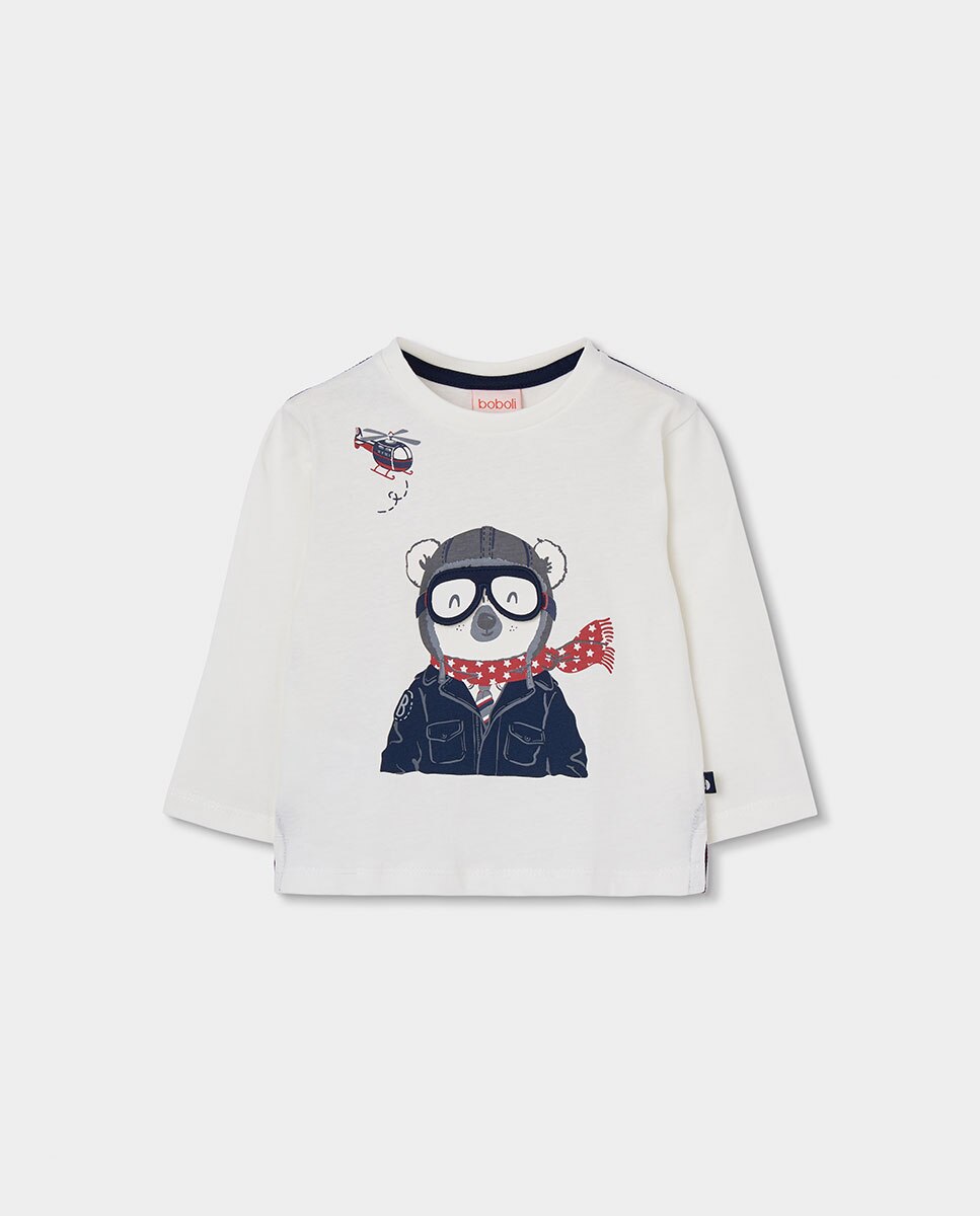 T-shirt Infantil de Algodão de Manga Comprida com Gola Redonda Azul-marinho-1