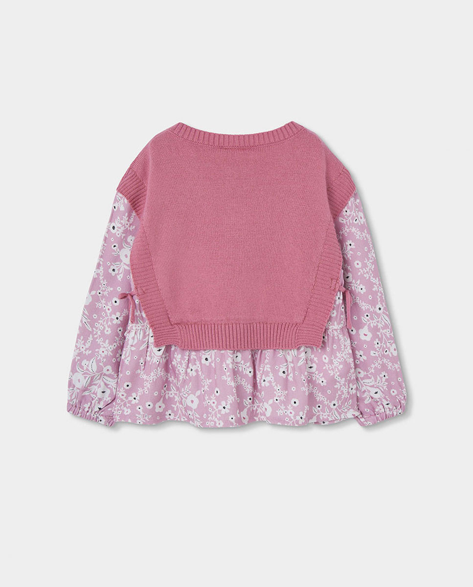 Camisola de Malha Infantil de Manga Comprida com Gola Redonda Rosa / Branco-2