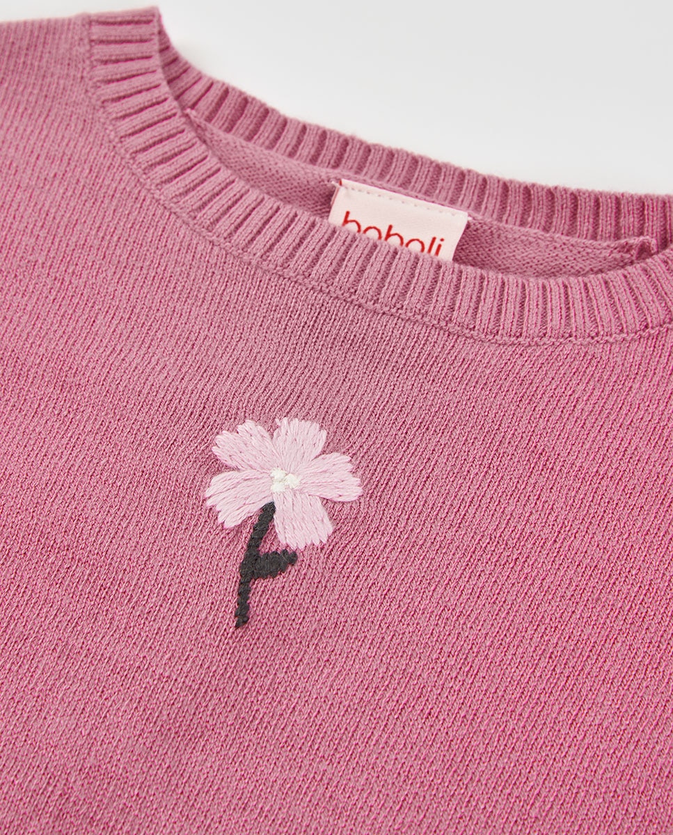 Camisola de Malha Infantil de Manga Comprida com Gola Redonda Rosa / Branco-3