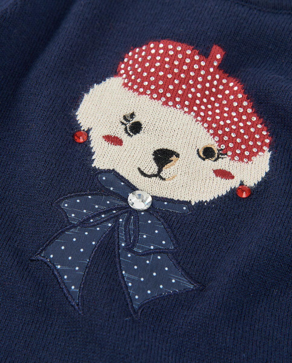Vestido Infantil Bordado de Urso com Boné Multicolor-3