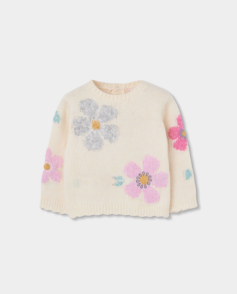 Imagem 0 de Camisola de Malha Infantil com Estampado de Flores e Gola Redonda