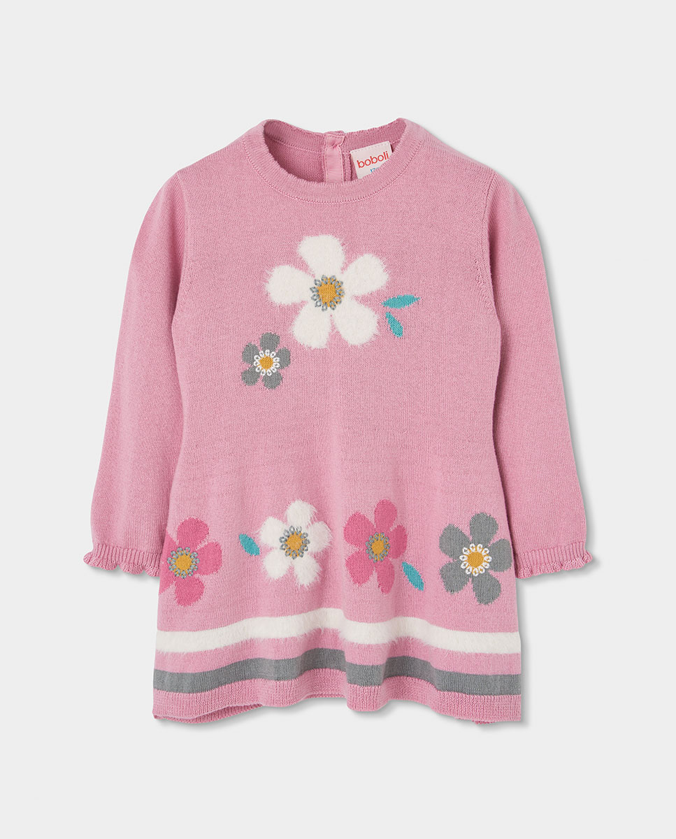 Imagem 0 de Vestido de Malha Infantil com Estampado de Flores e Gola Redonda