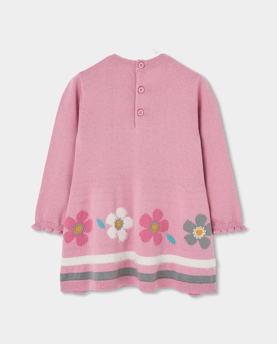Vestido de Malha Infantil com Estampado de Flores e Gola Redonda Branco / Cinzento-2
