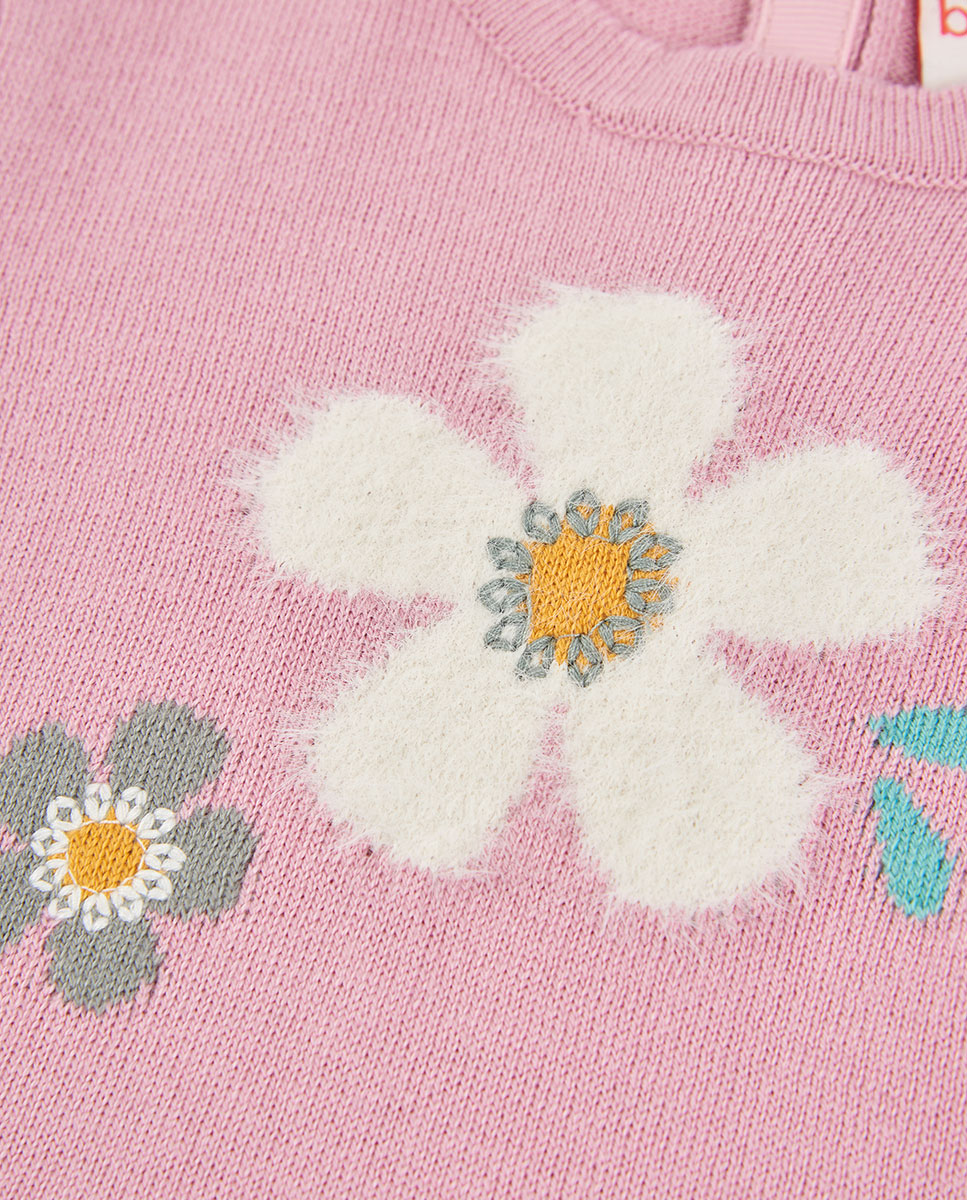 Vestido de Malha Infantil com Estampado de Flores e Gola Redonda Branco / Cinzento-3