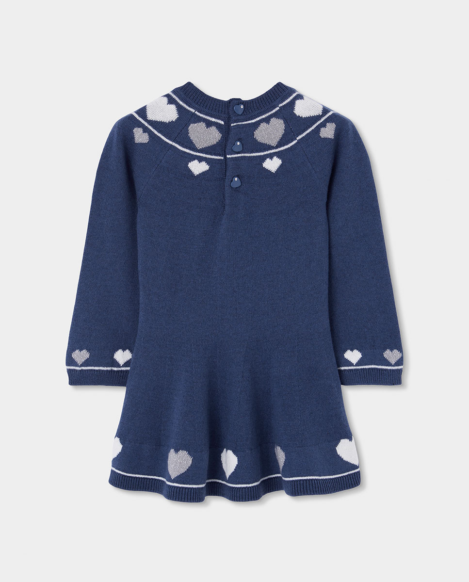 Vestido de Malha Infantil com Estampado de Corações e Manga Comprida Azul / Branco-2
