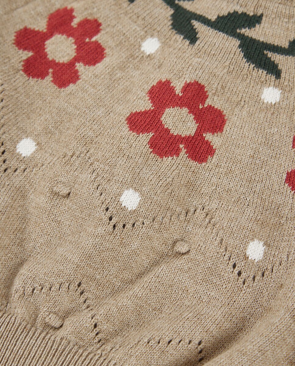 Camisola de Malha Infantil de Manga Comprida com Estampado de Flores Vermelho / Branco-3