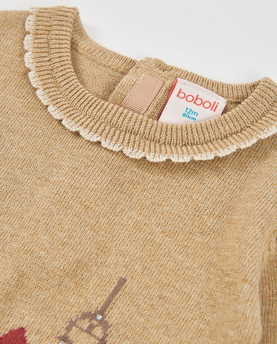 Vestido de Malha Infantil de Manga Comprida com Gola Redonda Castanho / Branco gasto-3