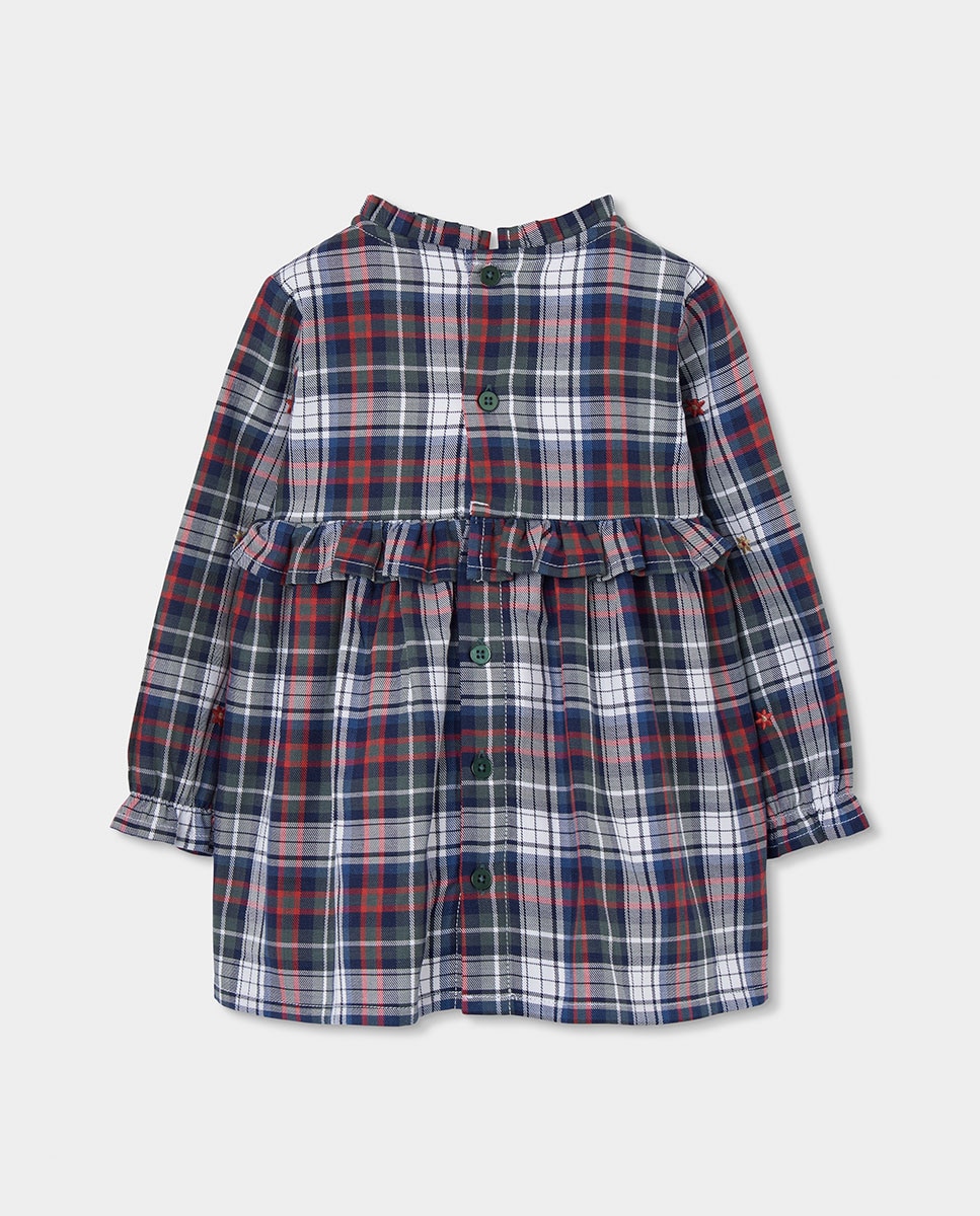 Vestido Infantil Aos Quadrados de Manga Comprida com Botões Branco-2
