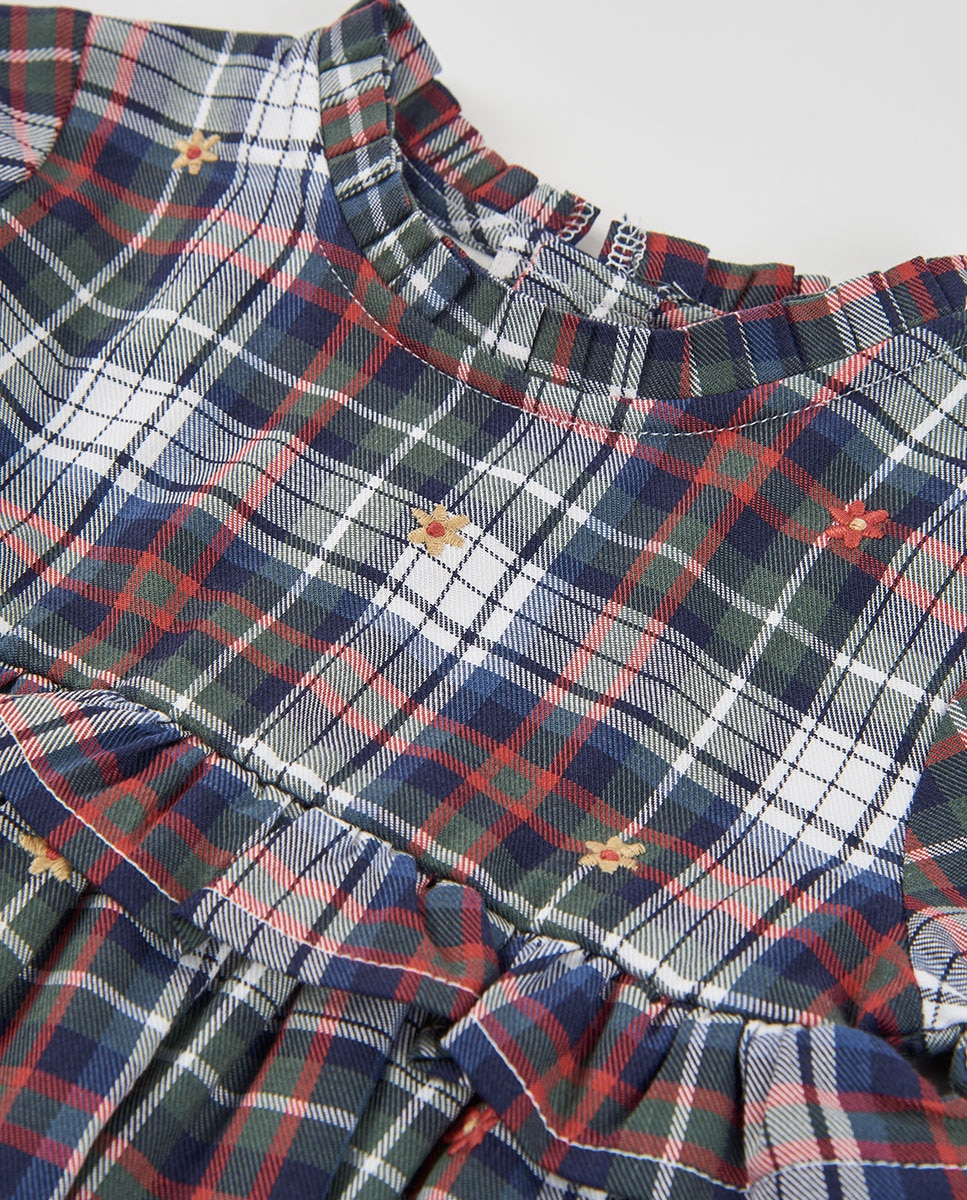 Vestido Infantil Aos Quadrados de Manga Comprida com Botões Branco-3