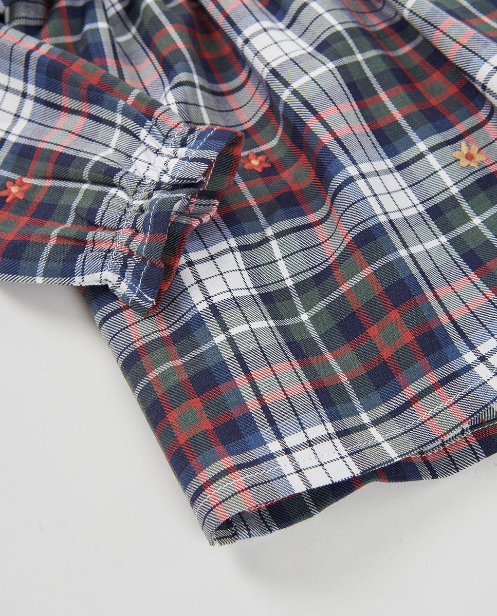 Vestido Infantil Aos Quadrados de Manga Comprida com Botões Branco-4