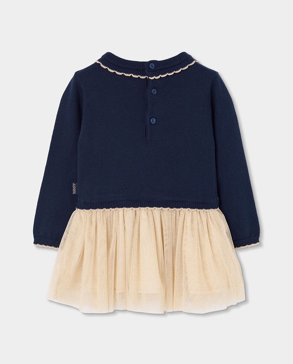 Vestido de Malha Infantil de Manga Comprida com Gola Redonda Azul / Branco-2
