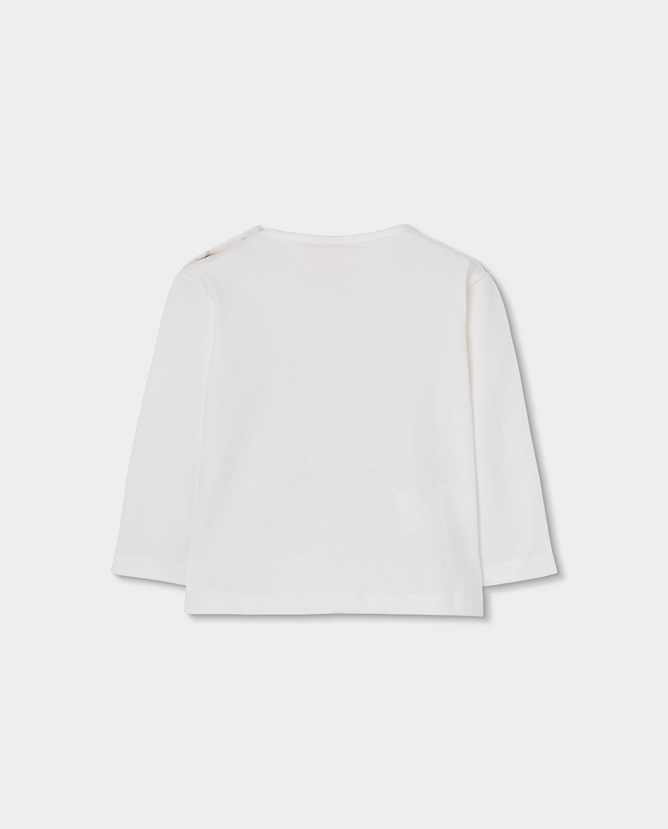 T-shirt de Algodão Infantil de Manga Comprida com Gola Redonda Boboli Branco / Cinzento-2