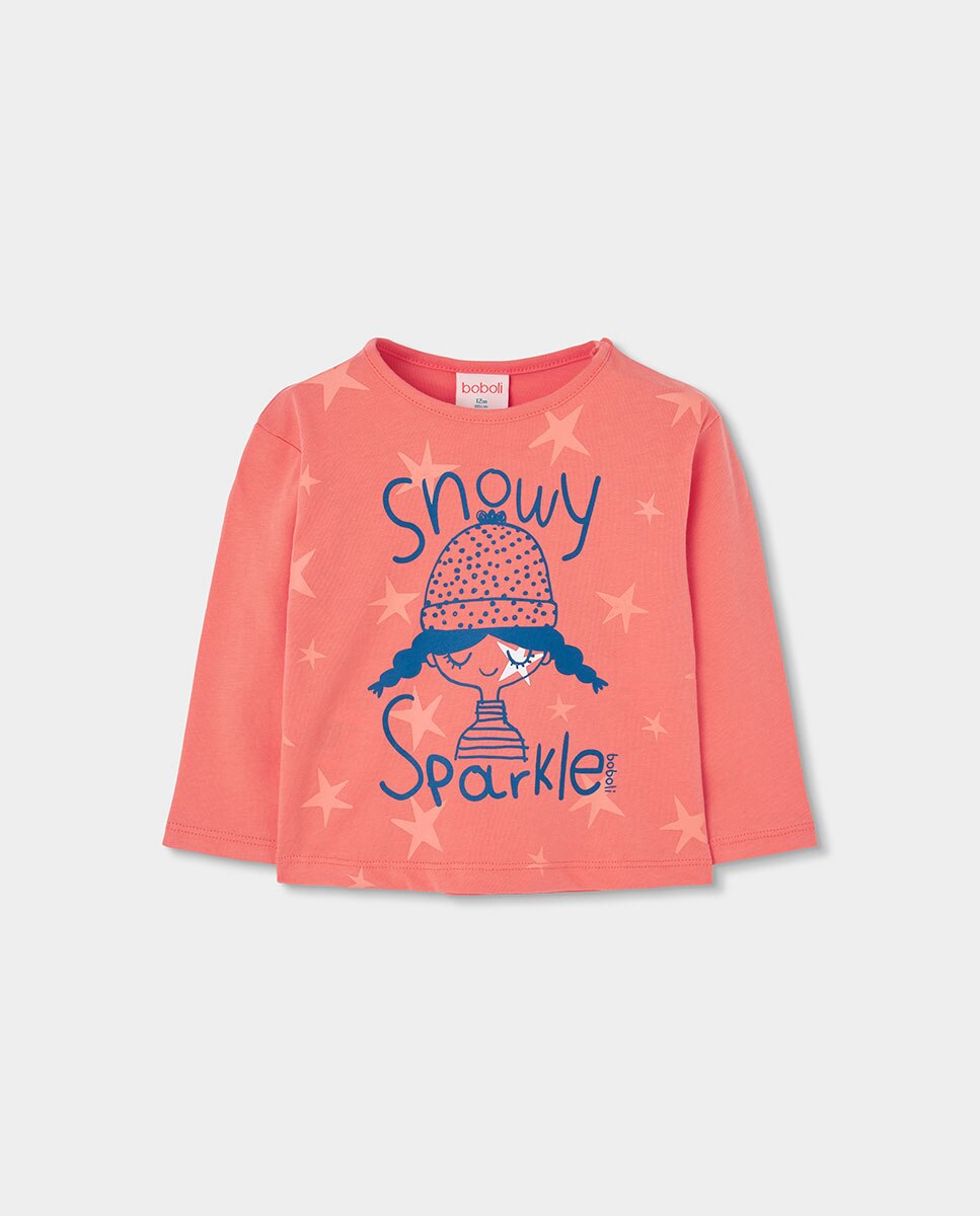 T-shirt de Algodão Infantil de Manga Comprida com Gola Redonda Azul-1