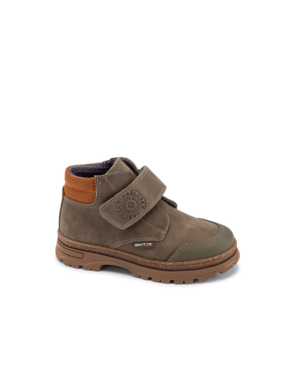 Botas Infantil de Pele com Velcro Verde Azeitona-1