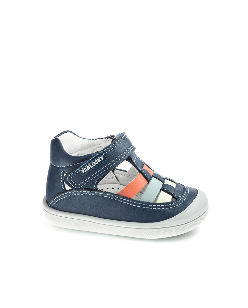 Sapatos de Presilha para Bebé de Pele com Velcro Azul-1
