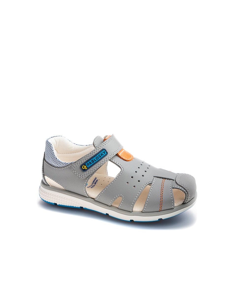 Sandálias Infantil de Pele com Velcro Cinzento / Laranja-1