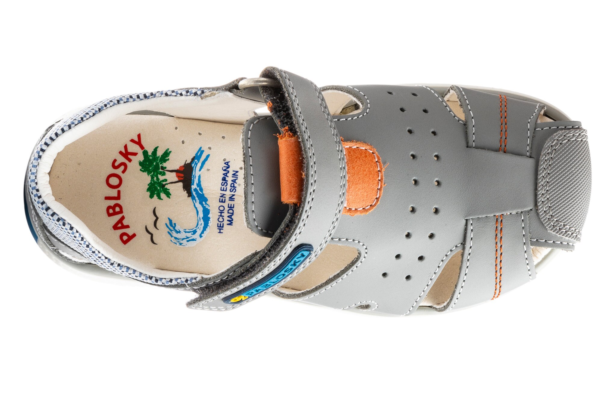 Sandálias Infantil de Pele com Velcro Pablosky Cinzento / Laranja-4
