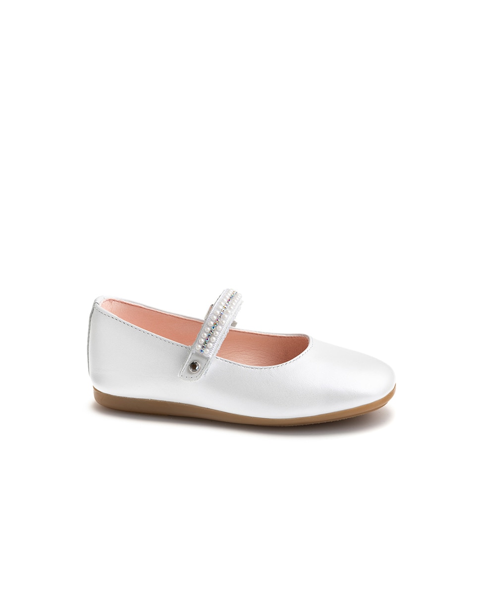 Sapatos Rasos Infantil de Pele com Velcro Branco-1