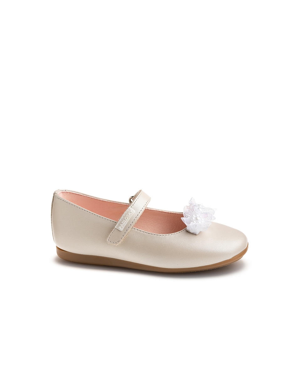 Sapatos Rasos Infantil de Pele com Velcro Pablosky Bege-1