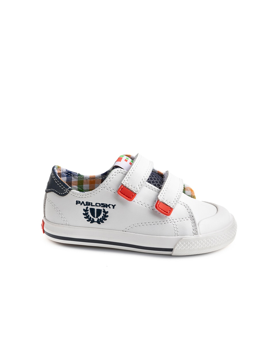 Sapatilhas de Lona Infantil de Pele com Velcro Pablosky Branco-1