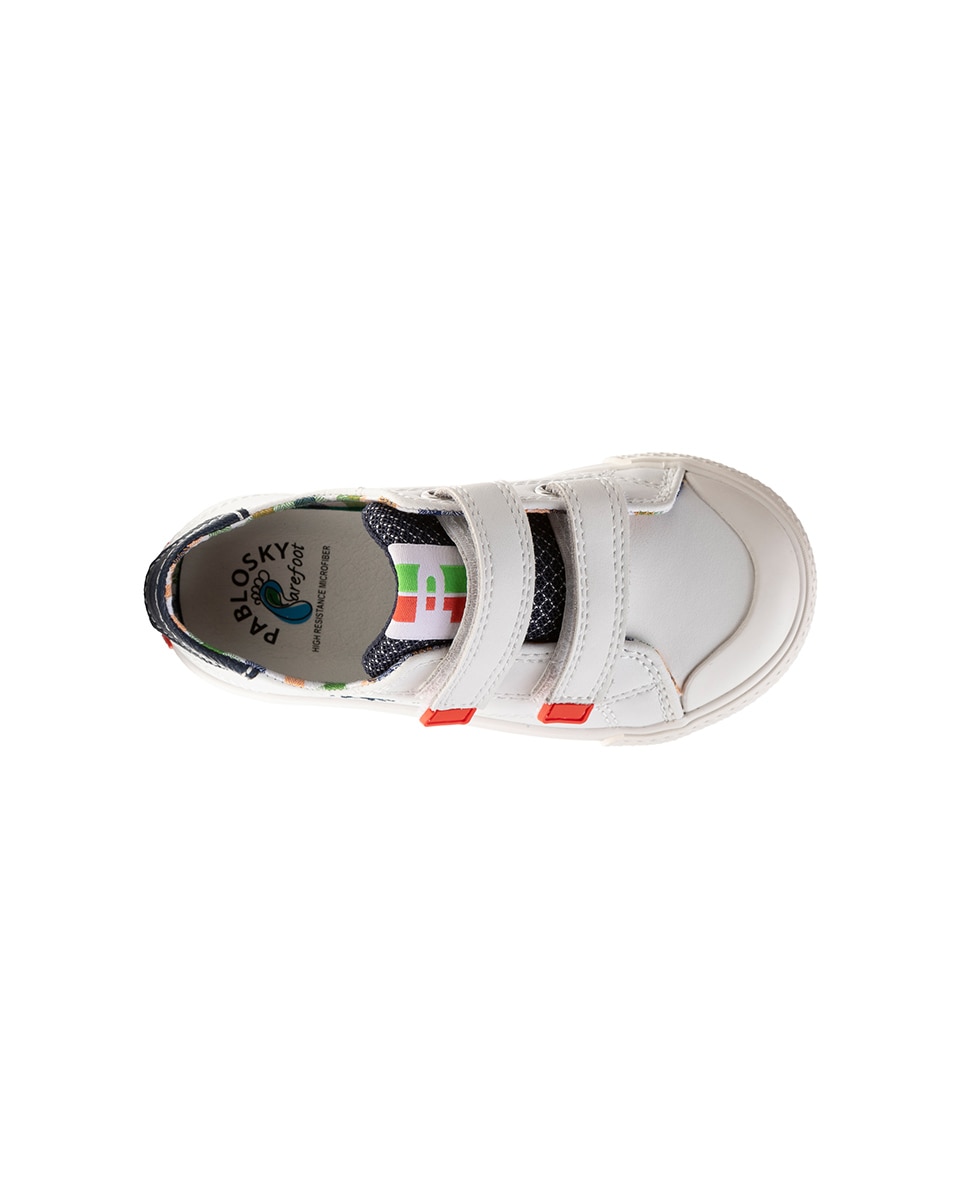 Sapatilhas de Lona Infantil de Pele com Velcro Pablosky Branco-3