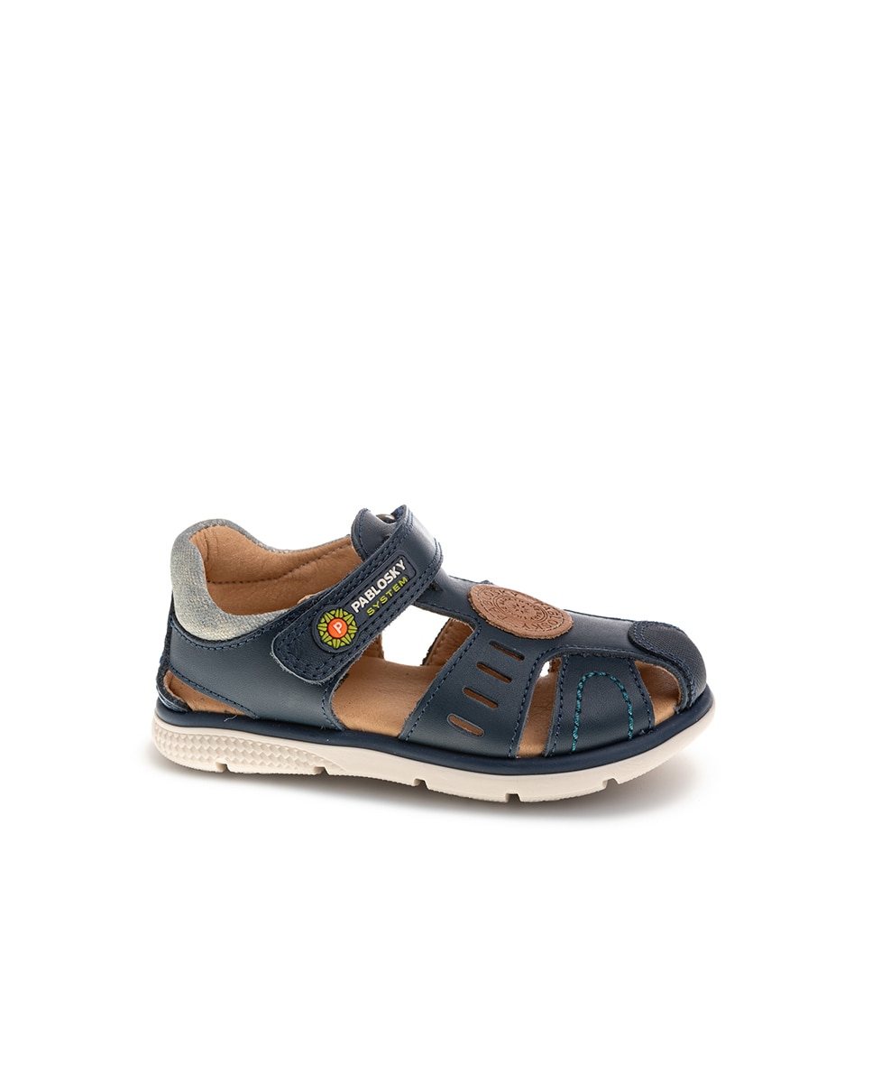 Sandálias Infantil Pablosky de Pele com Velcro Azul-1