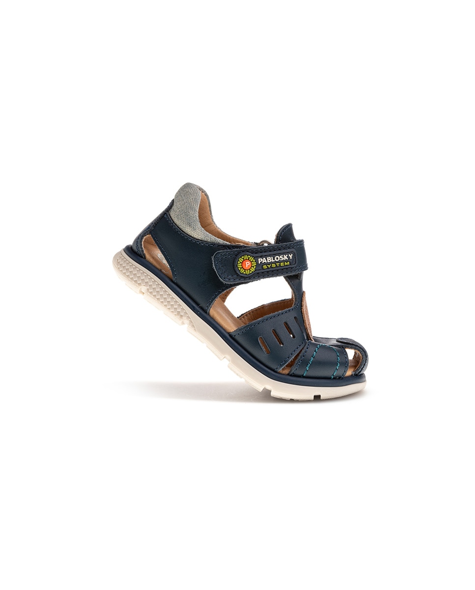 Sandálias Infantil Pablosky de Pele com Velcro Azul-6