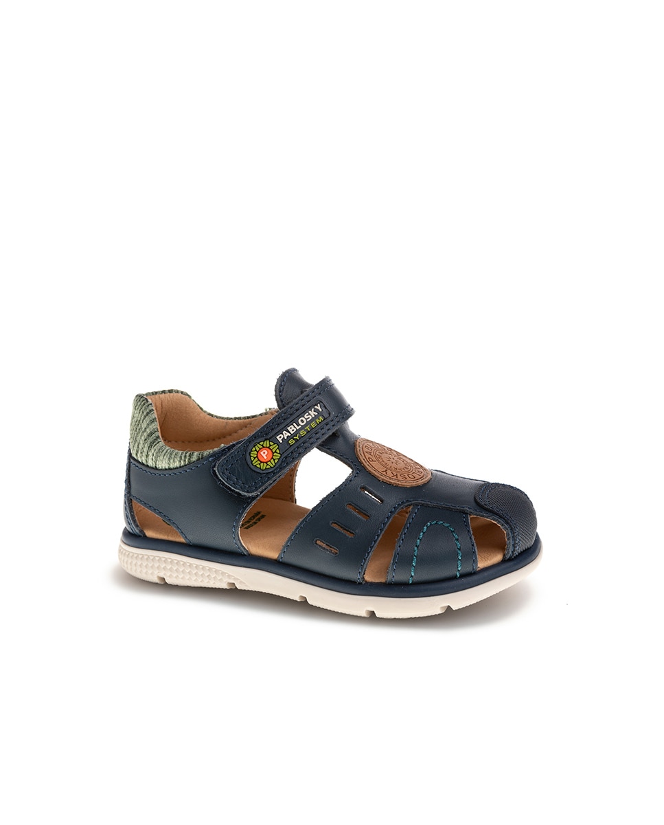 Sandálias Infantil Pablosky de Pele com Velcro Azul-marinho-1