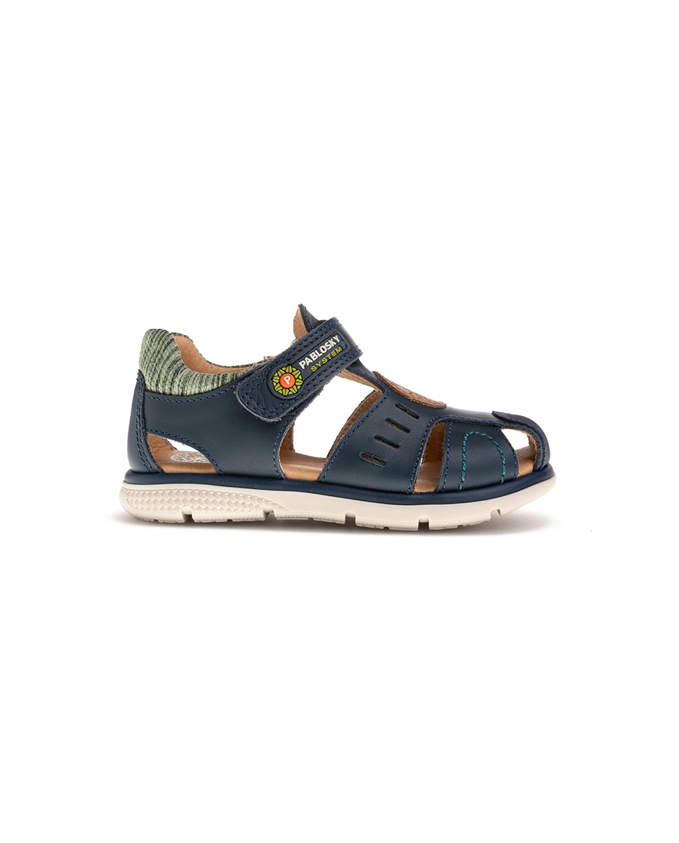 Sandálias Infantil Pablosky de Pele com Velcro Azul-marinho-5