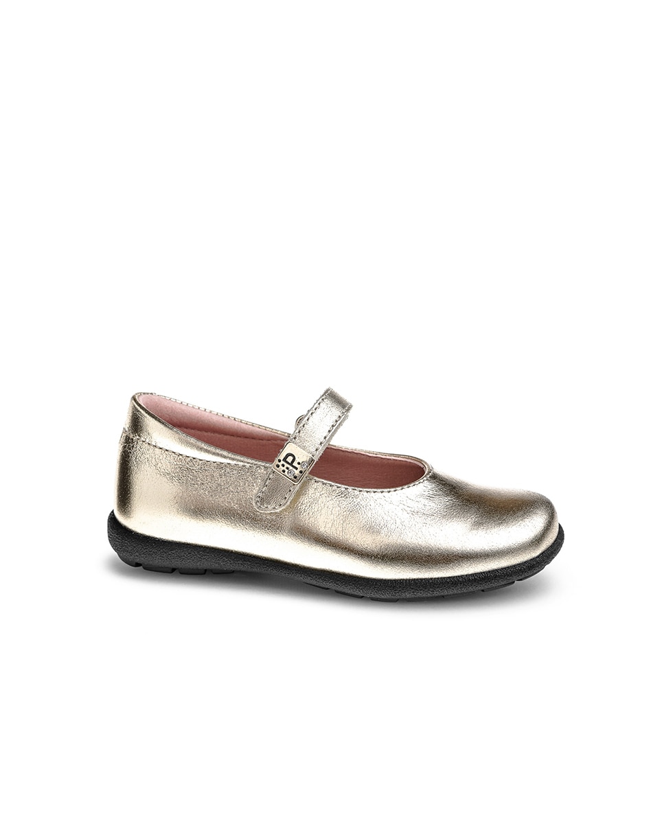 Sapatos de Presilha Infantil Pablosky de Pele com Velcro Ouro-1