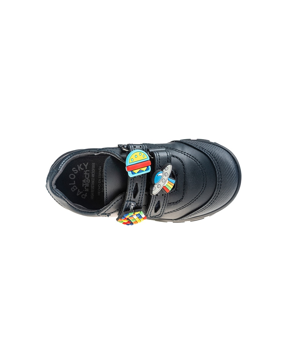 Mocassins Infantil Pablosky de Pele com Velcro para a Escola Azul-5