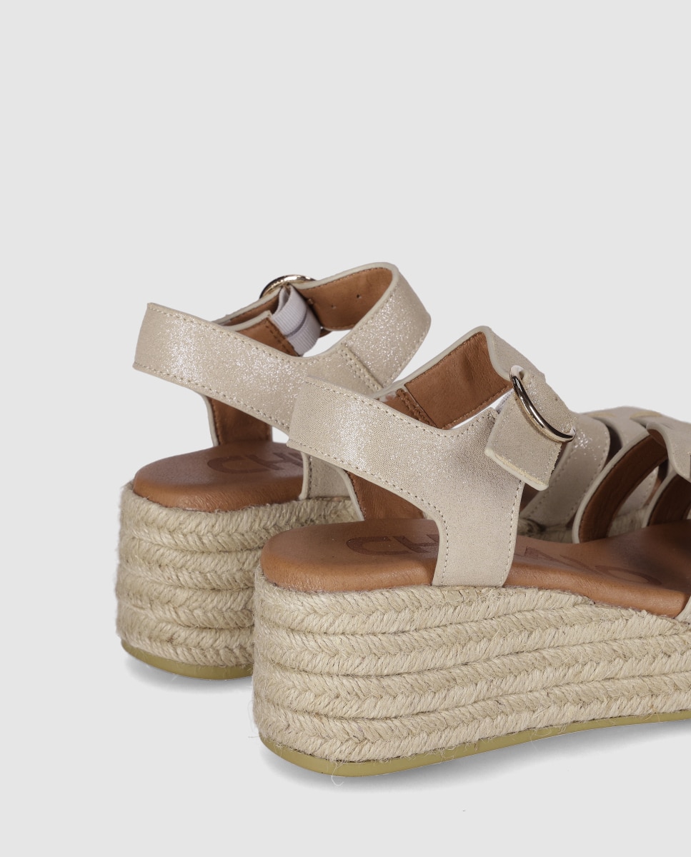 Alpercatas de Cunha em Pele com Tiras Combinadas Tipo Cangrejera e Fecho em Fivela Bege-5